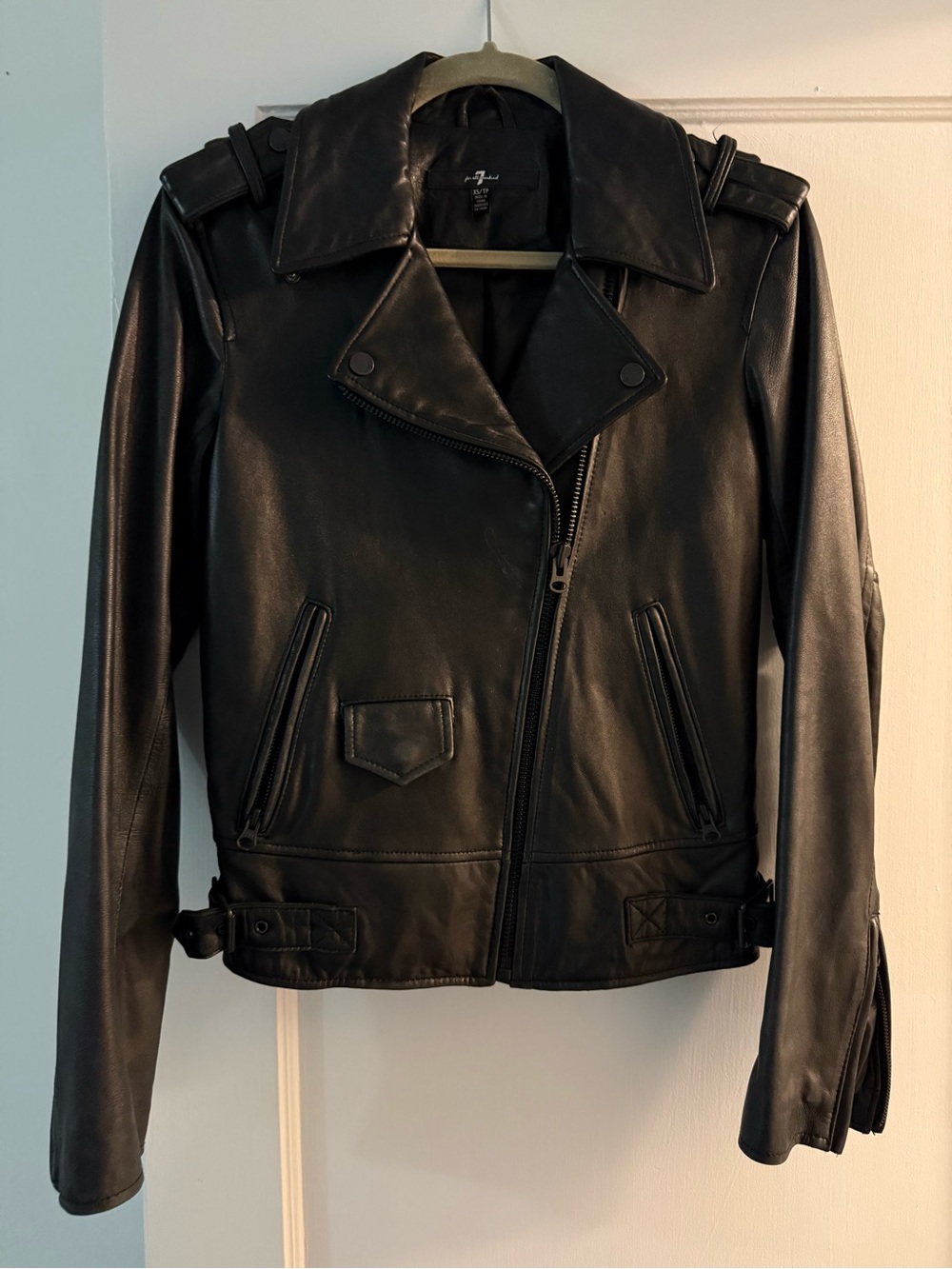 7 for all Mankind Black Leather Biker Jacket - Women's Classic Moto Coat